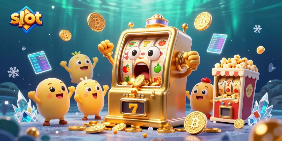 Exciting slot action showing a golden slot machine celebrating its jackpot amidst coins and crypto elements.