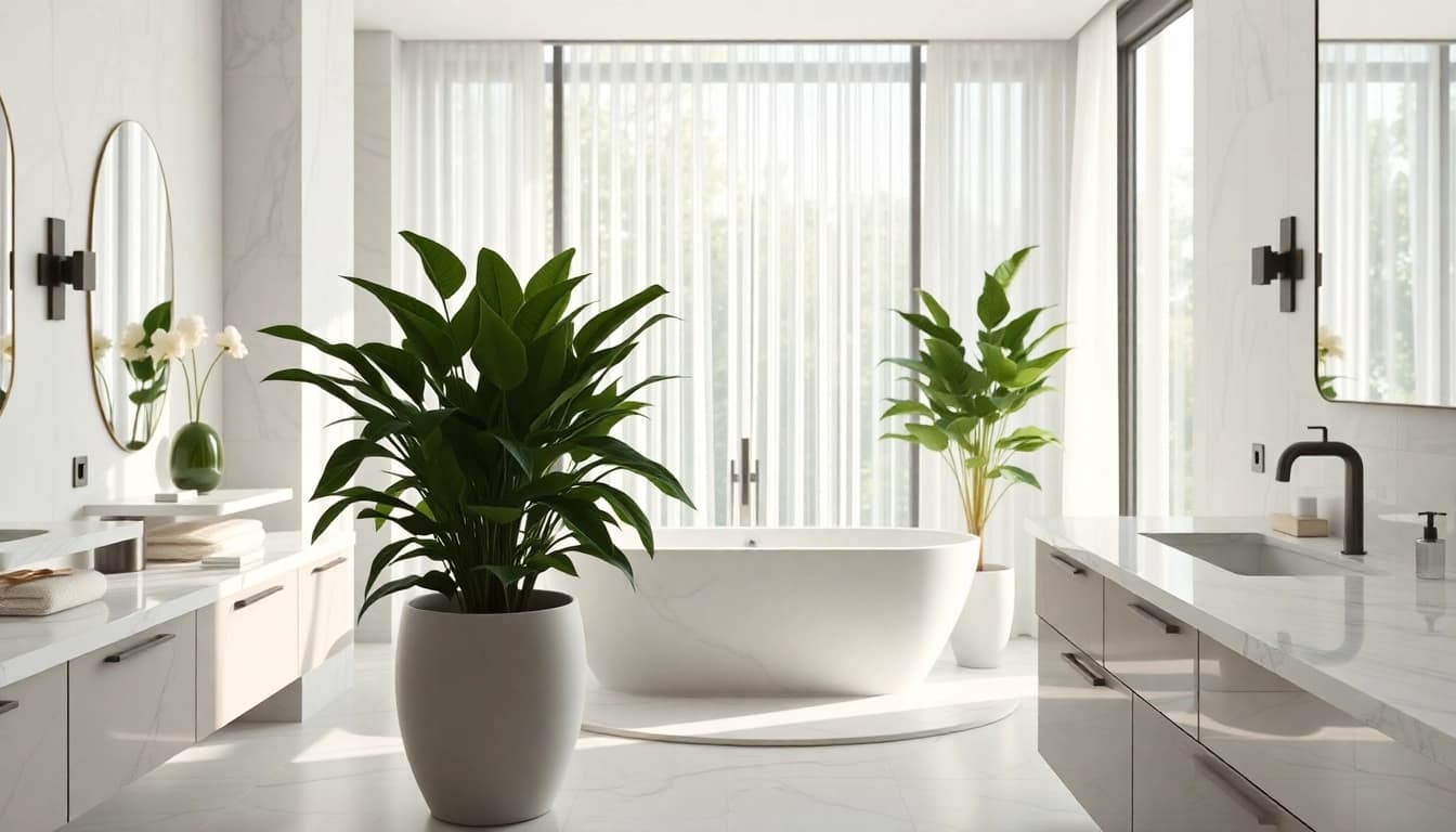 Explore elegant bathrooms featuring modern design, natural light, and lush decor.