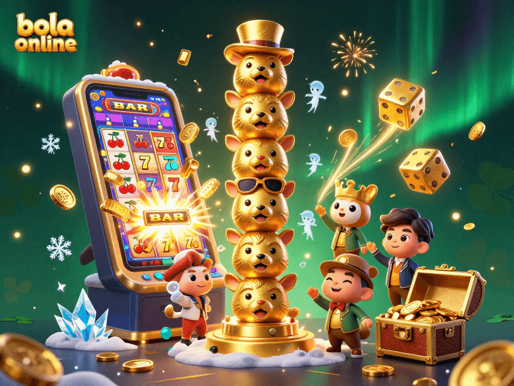 Bola online slot gaming scene with a cartoon totem pole, jackpot explosions, and vibrant casino elements.
