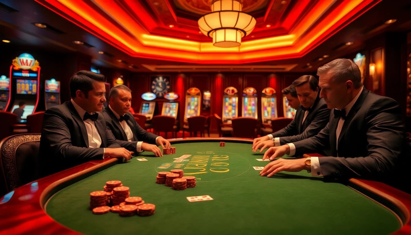 indoxxi players strategizing at a luxurious poker table in an exciting casino atmosphere