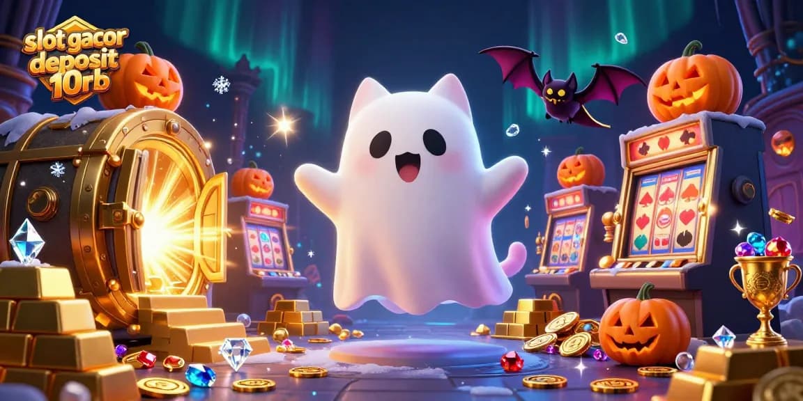 Experience slot gacor deposit 10rb excitement with a friendly ghost cat in a haunted casino scene.