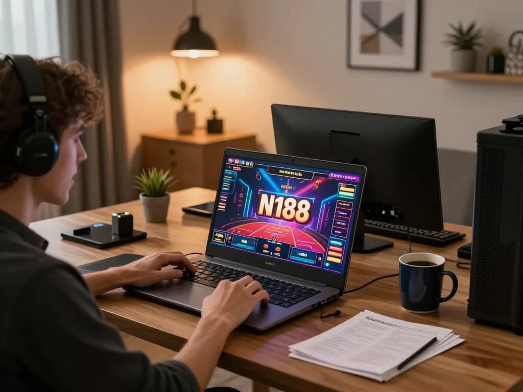 N188 game player strategizing during an engaging online casino session in a cozy home office.