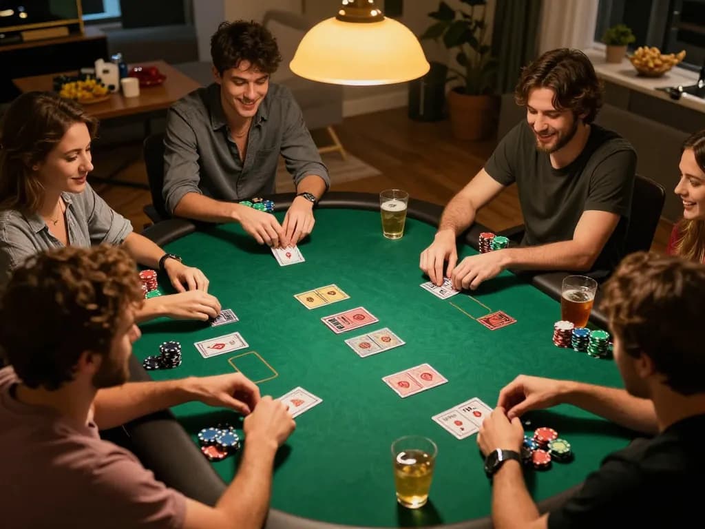 Pemandangan ceria malam poker di hotelleonardvinci, menunjukkan pemain yang terlibat dalam strategi kartu.