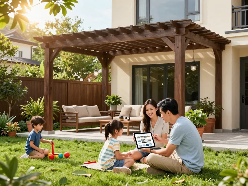 Explore a custom pergola configurator while family enjoys backyard space.