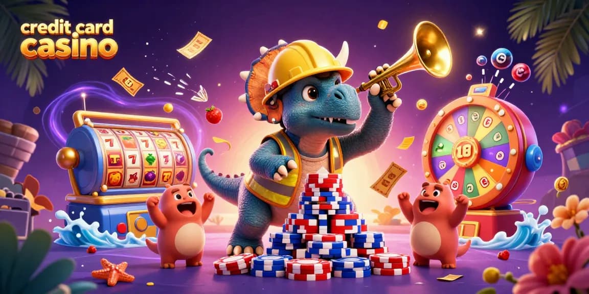 Exciting scene of a credit card casino with a triceratops building poker chip pyramids while others celebrate.