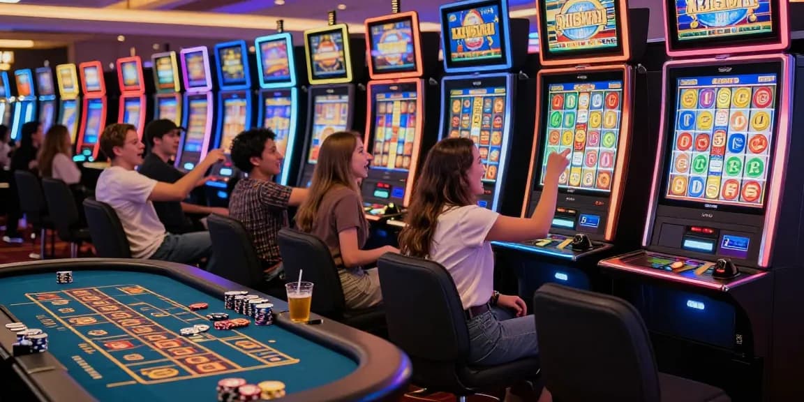 Excited players engaging with slot depo 5000 machines in a vibrant casino atmosphere.