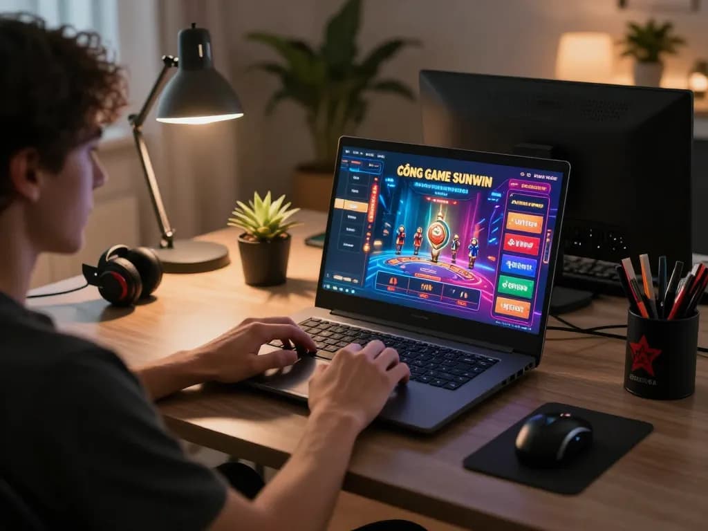 CỔNG GAME SUNWIN player engaging in thrilling online casino gameplay on laptop in cozy setup.