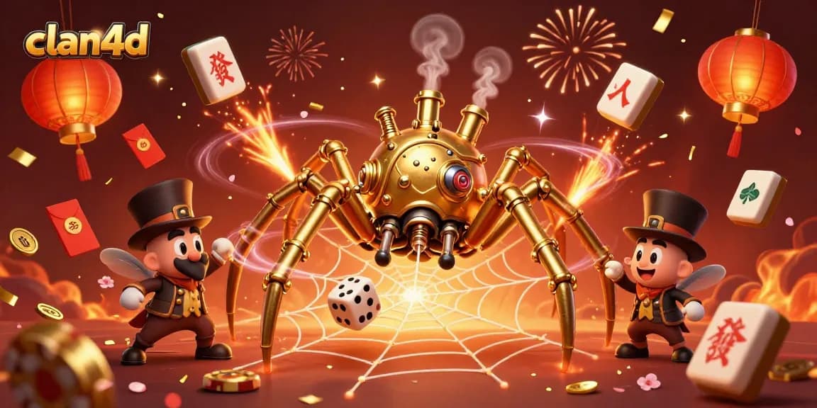 Engage with clan4d as a steampunk spider weaves golden chains amidst a vibrant casino backdrop.
