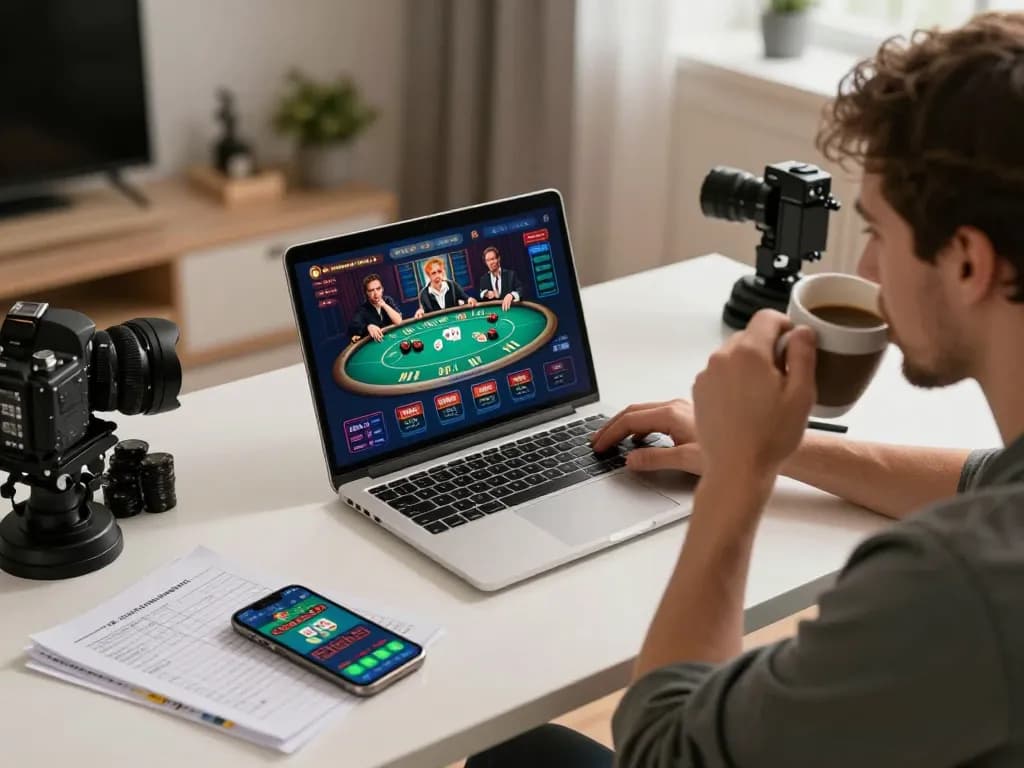 uu88 player enjoying online poker on a laptop with strategic notes visible at a cozy home setup