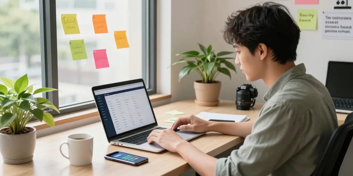 Dynamic workspace featuring the 纸飞机官网 interface on a laptop, showing a young professional engaged in social media management.