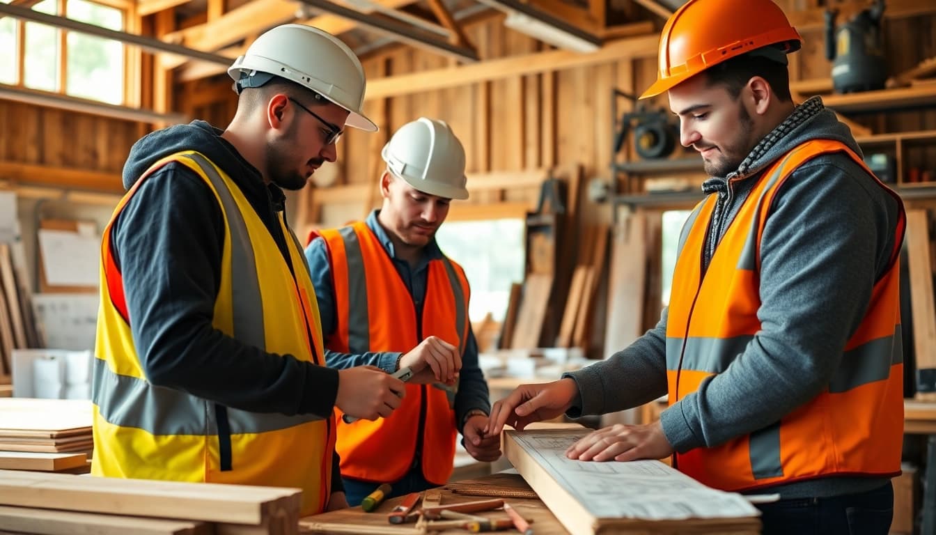 Engaged apprentices in a construction apprenticeship, measuring materials in a workshop setting.