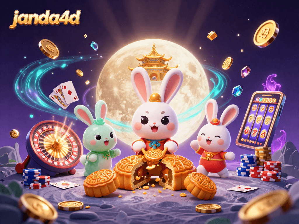 Menyambut kemenangan di janda4d, saat kelinci bulan menggiling kue bulan di permukaan lunar dengan simbol kasino berkilau.