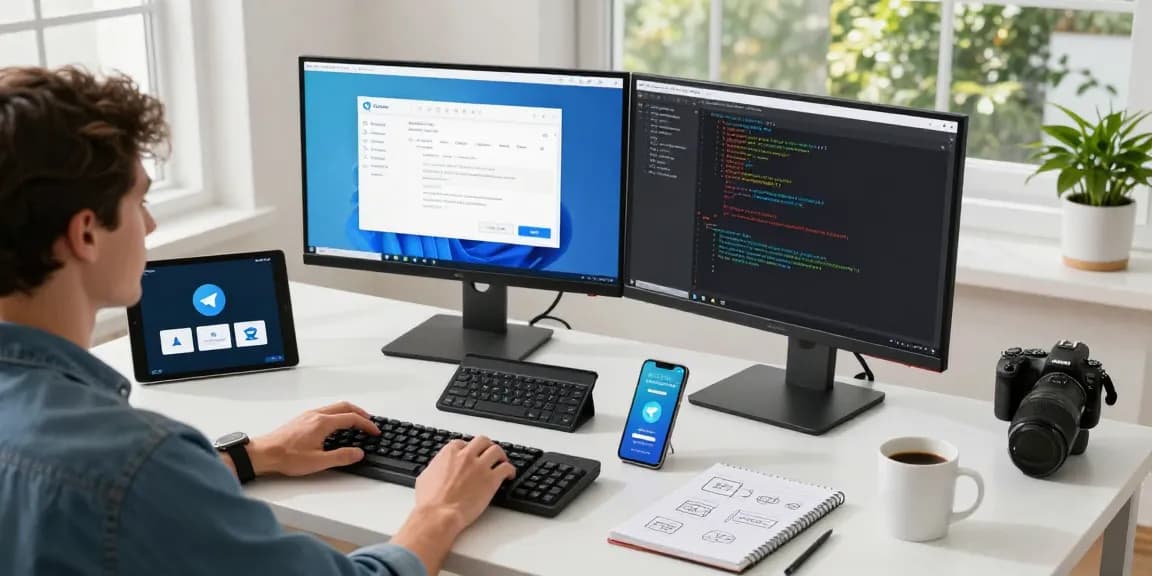 Professional developer using 纸飞机中文版 in a modern workspace with multiple screens and tech gadgets.