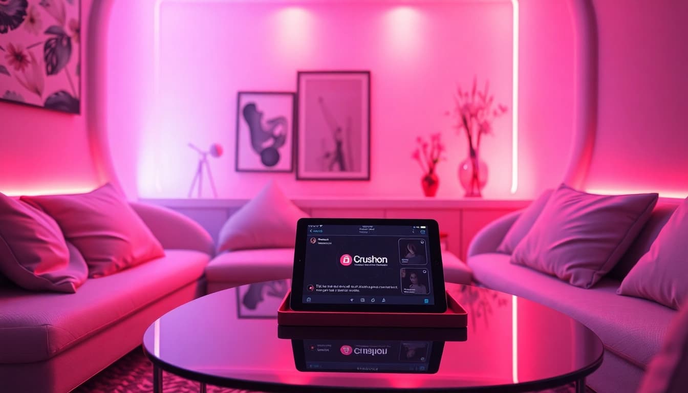 Cozy lounge space for engaging in nsfw ai chat, featuring ambient lighting and a digital tablet.