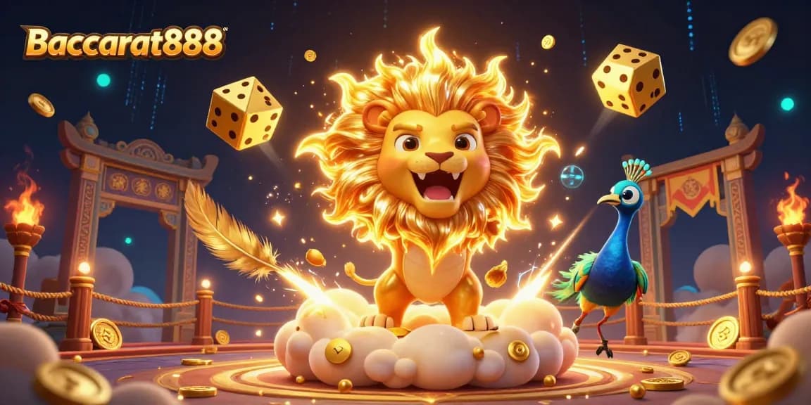 Baccarat888 delivers thrilling gameplay featuring a roaring sun lion and golden dice in a dynamic casino scene.