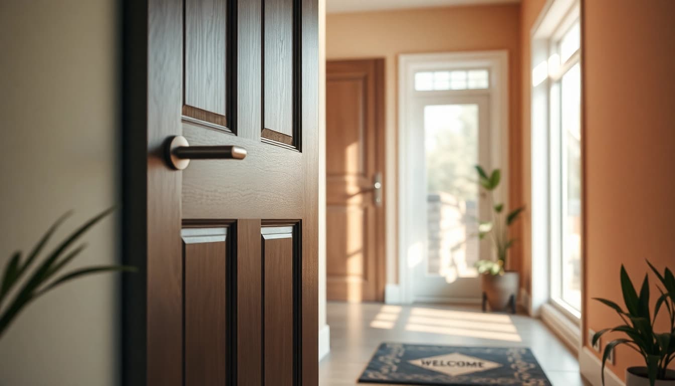 Stylish exit door in a modern entryway, showcasing safety and aesthetics in home design.