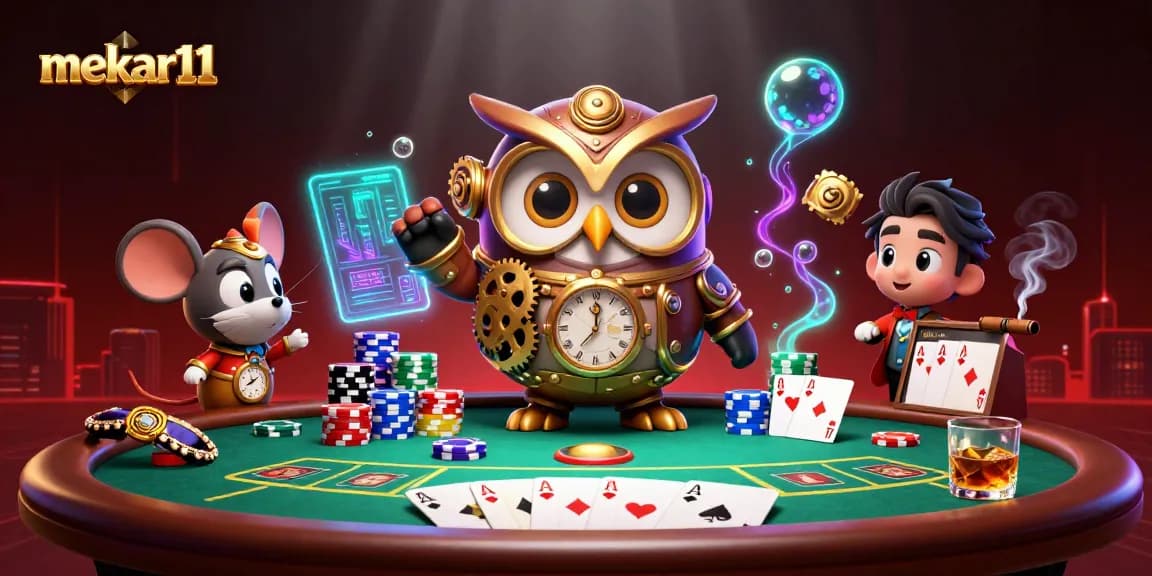 Engage in strategic gameplay with mekar11, a captivating 3D rendering of a Victorian casino scene featuring time-traveling characters.