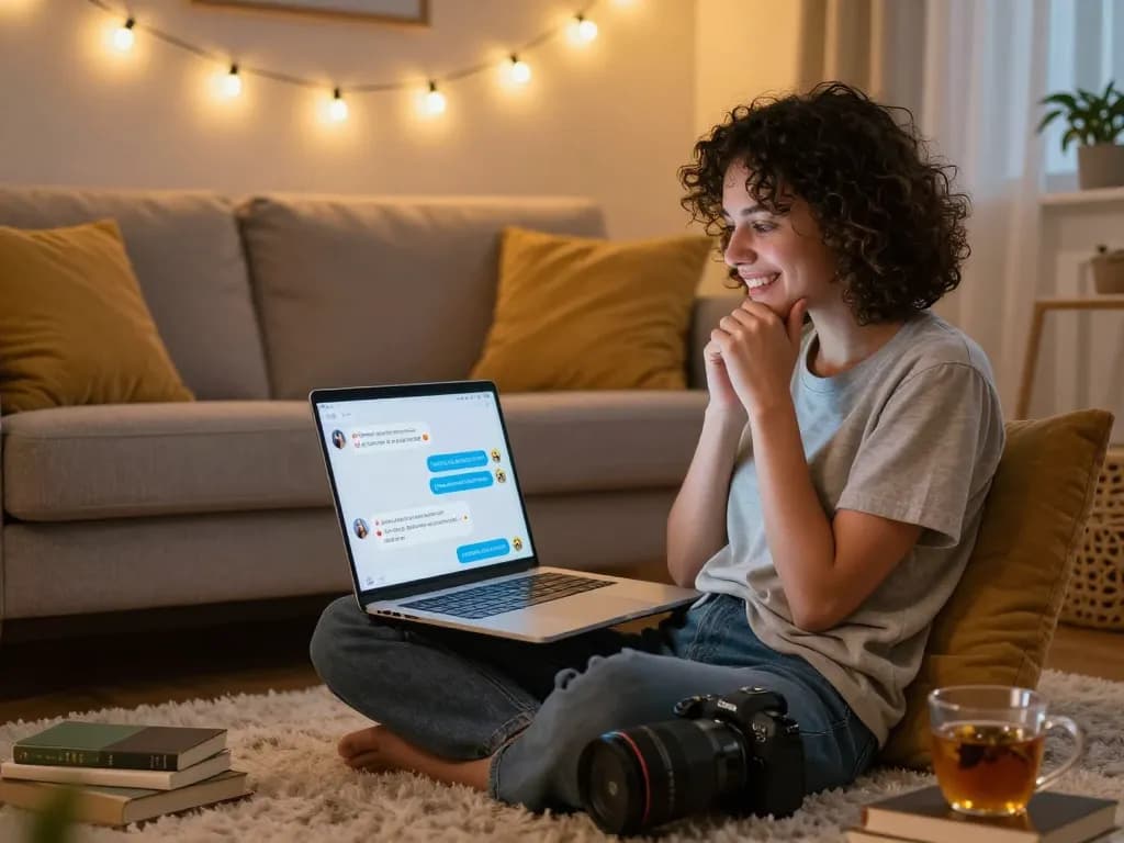 Engaging with sex chat AI in a cozy room, user expressing playful curiosity during a virtual chat.