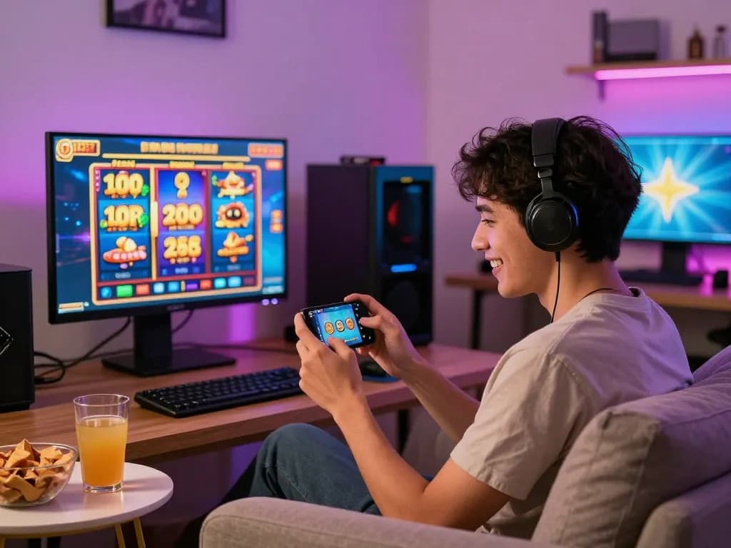Exciting gaming scene featuring a player enjoying slot bet 200 perak online with vibrant displays and snacks.