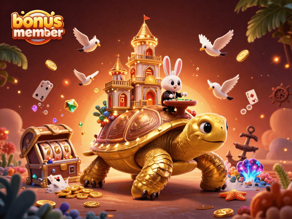 Win big with bonus new member in this vibrant 3D casino illustration featuring a golden tortoise.