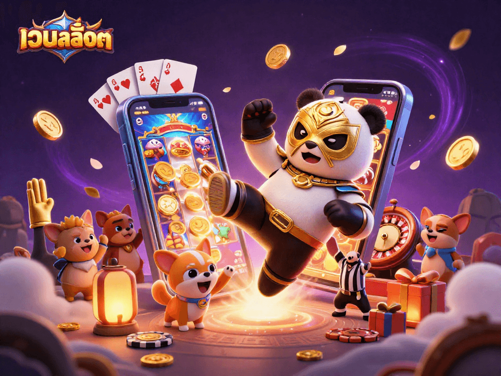 Experience the excitement of เว็บสล็อต with a dynamic scene featuring a panda wrestler and tiny animal fans.