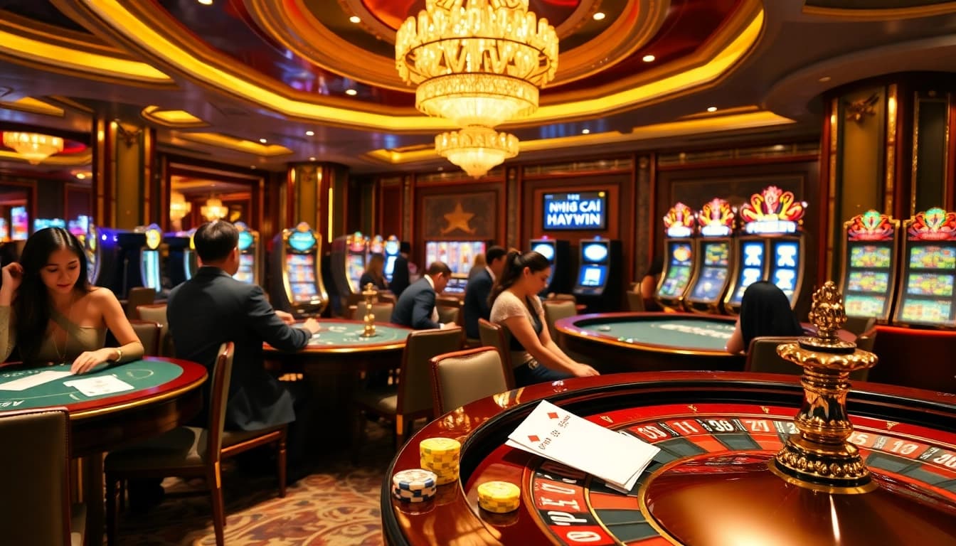 Engaging players enjoying games at Nhà cái Haywin's vibrant casino, filled with excitement and luxury.