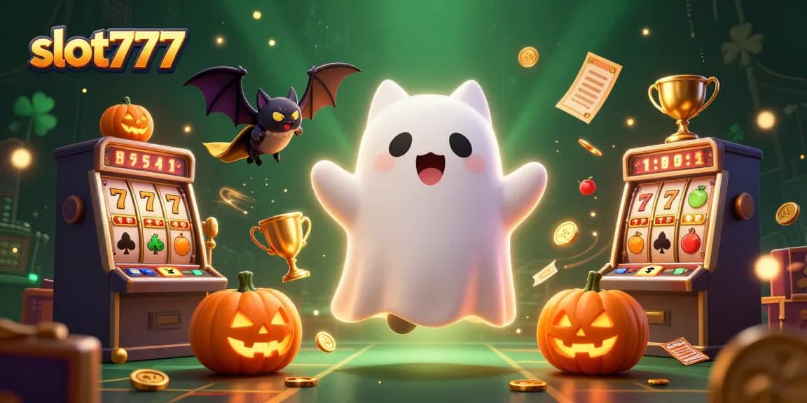 Slot777 memberikan pengalaman berjudi yang menarik dengan karakter kucing hantu dan elemen slot yang bercahaya.