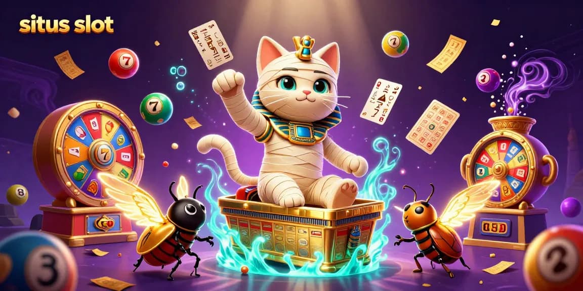 Play popular situs slot with a lively Egyptian theme featuring a mummy cat and vibrant game elements.