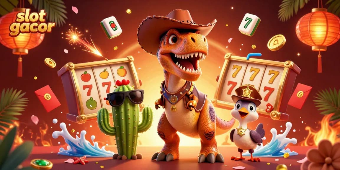Slot gacor menghadirkan dinosaur cowboy dan teman-temannya dalam suasana kasino yang meriah.