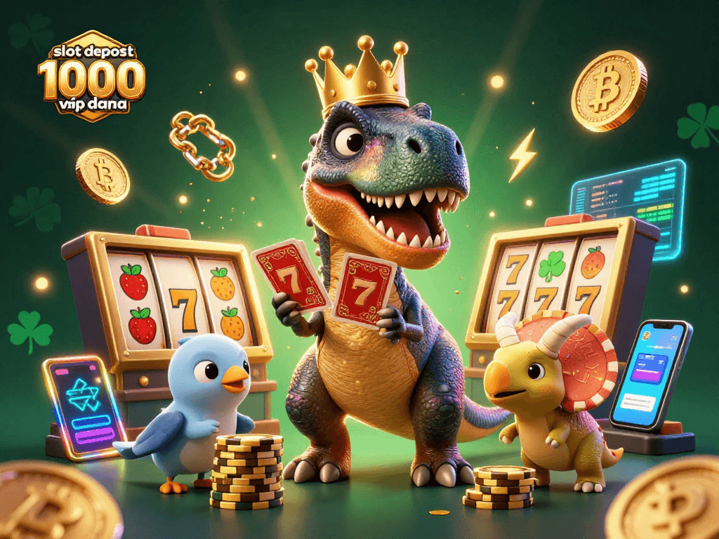 Mengatur slot deposit 1000 via dana, dinosaurus lucu bermain kartu dengan sahabatnya di kasino virtual.