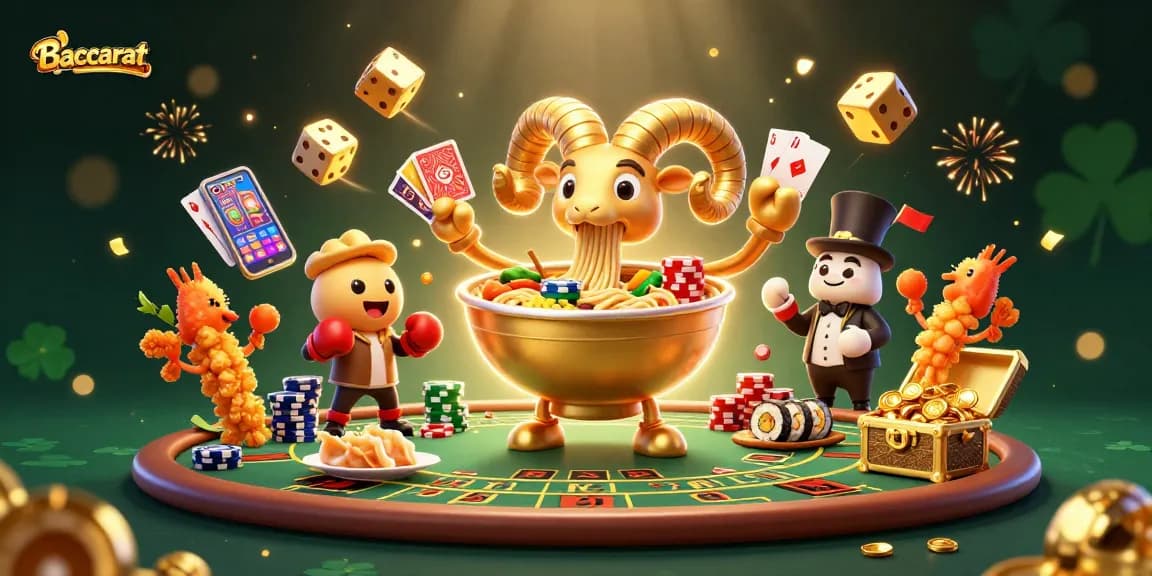 Join Baccarat fun with a giant ramen bowl dealer at the casino table surrounded by vibrant game elements.