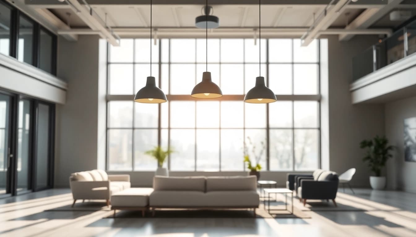 Sleek Illumination in a modern interior showcasing elegant pendant lighting and a spacious ambiance.