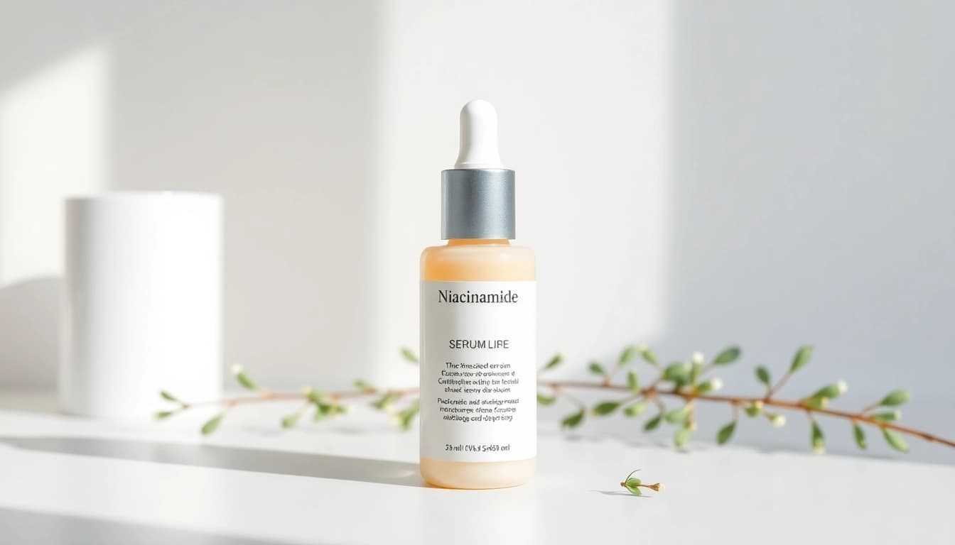 Niacinamidserum visat i en elegant uppställning med naturliga element som lyfter fram dess hudvårdsfördelar.