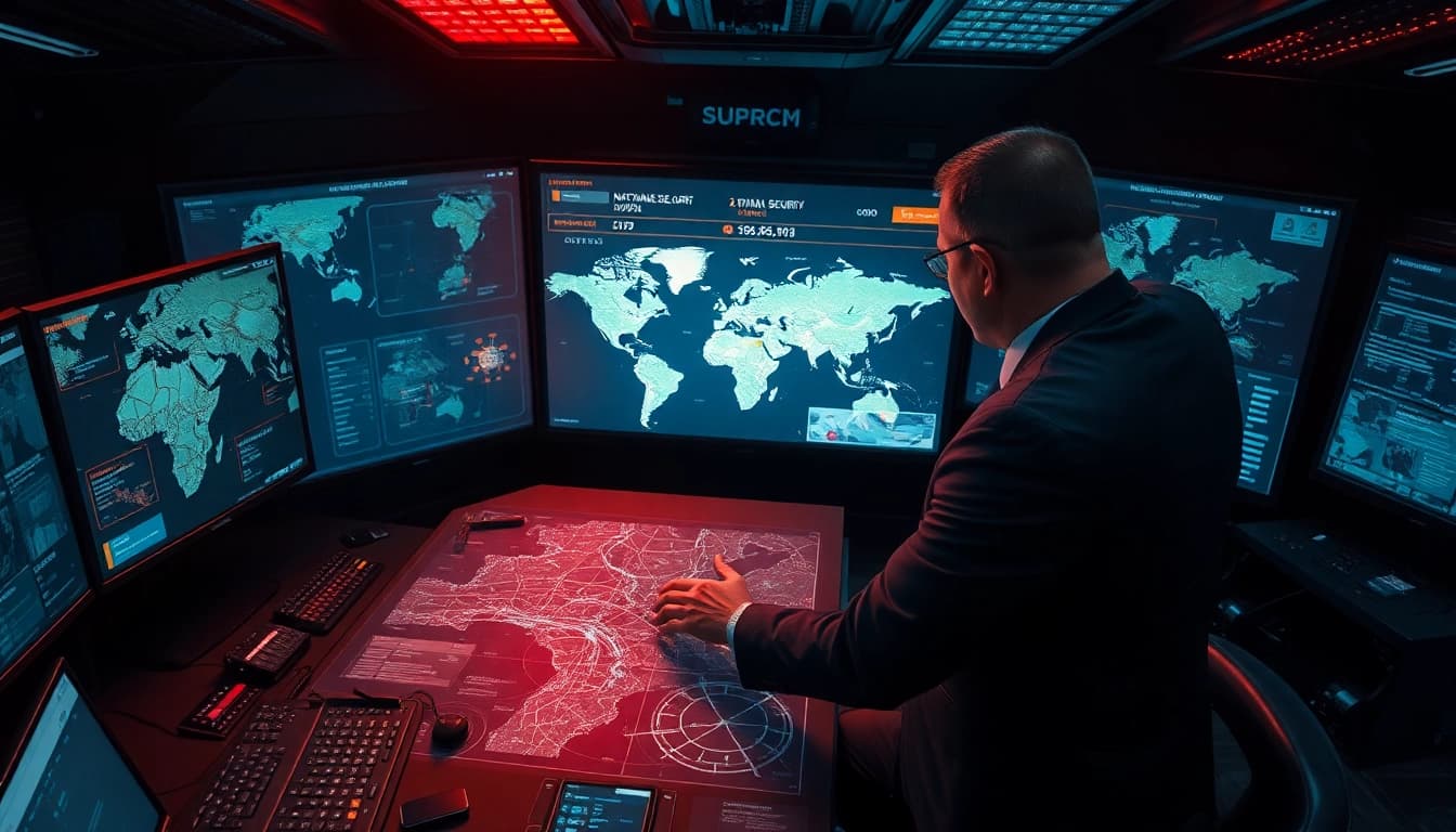 Evaluate National Security Risk in a military command center with high-tech maps and data.