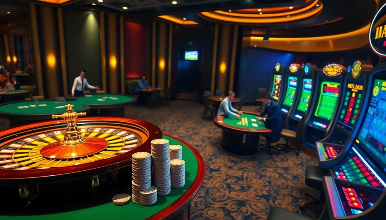 Nếu như vậy bám vào đây, players strategizing at a luxurious poker table in a vibrant casino setting.