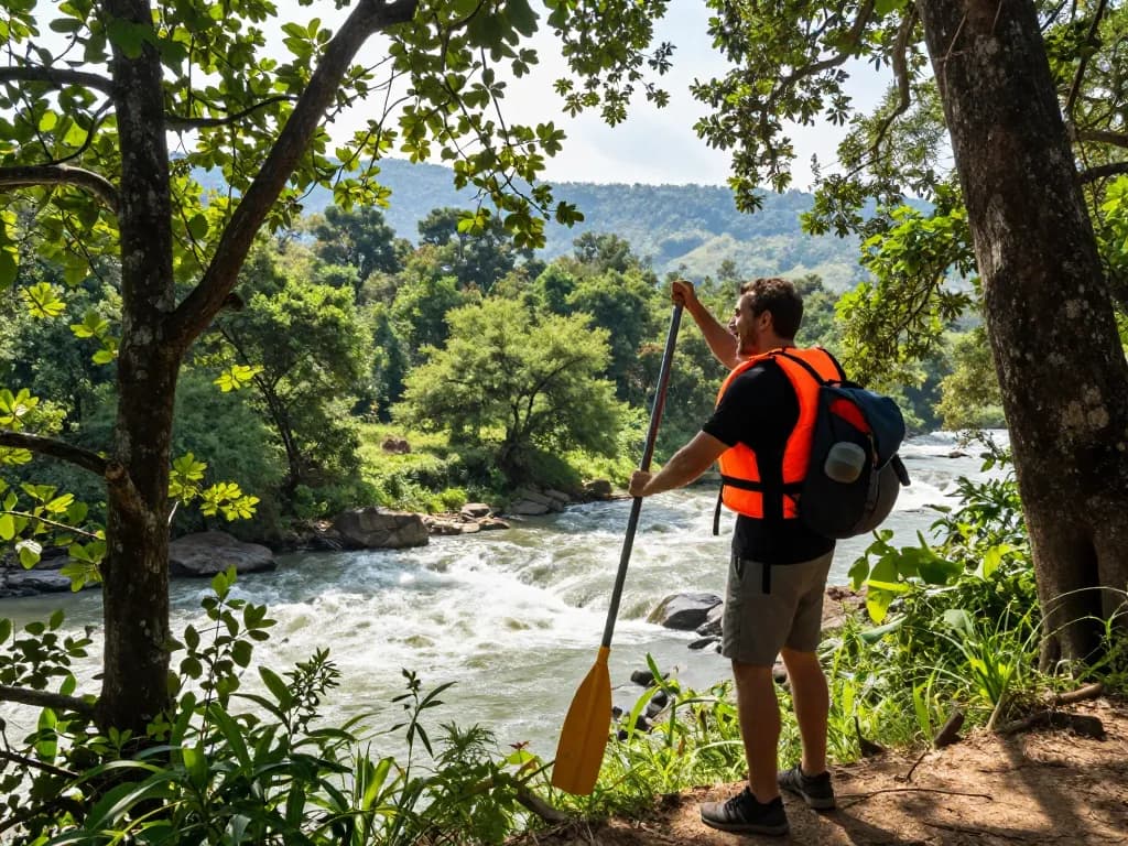 Dandeli adventure seeker paddling excitedly along the lush Kali River, showcasing breathtaking scenery.