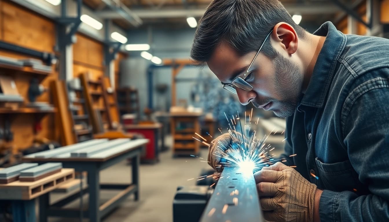 Craftsman engaged in custom steel fabrication showcasing intricate metalwork.