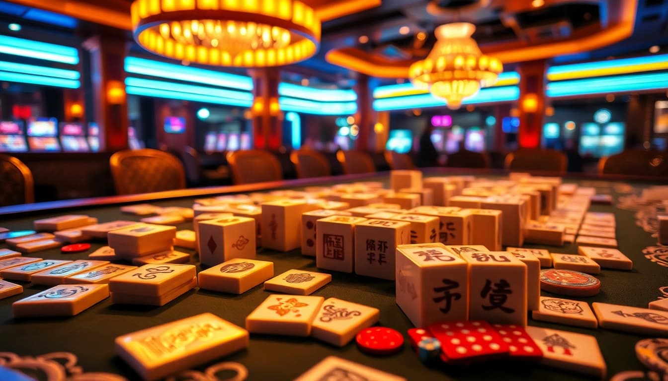 Terlibat dalam strategi Link Mahjong di meja kasino mewah yang dipenuhi ubin berwarna cerah dan chip.