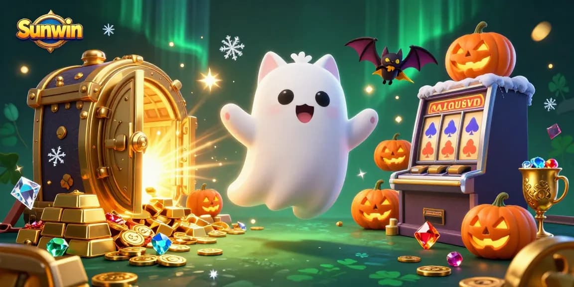 Experience the thrill of Sunwin with a friendly ghost cat and glowing treasures in this vibrant casino illustration.