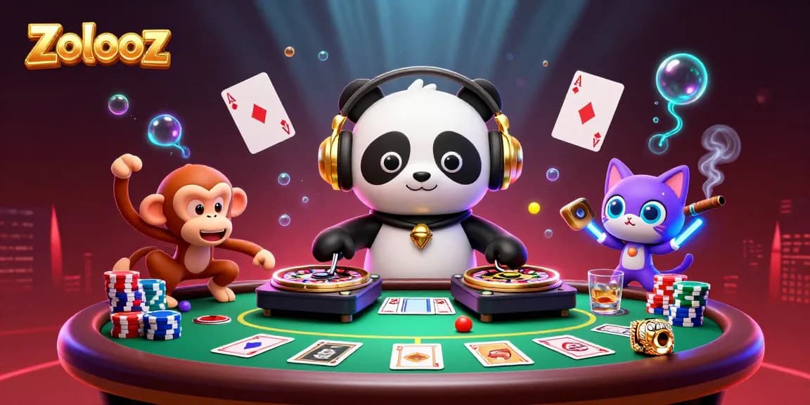 Zolooz brings the party to life with a DJ panda and colorful poker elements in a vibrant 3D scene.