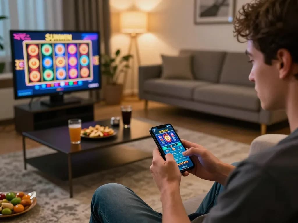 Player engaging with the Sunwin casino app on smartphone for an online gaming experience.