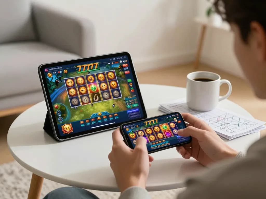 Player engages with slot777 on their smartphone in a cozy home environment, emphasizing responsible gaming.