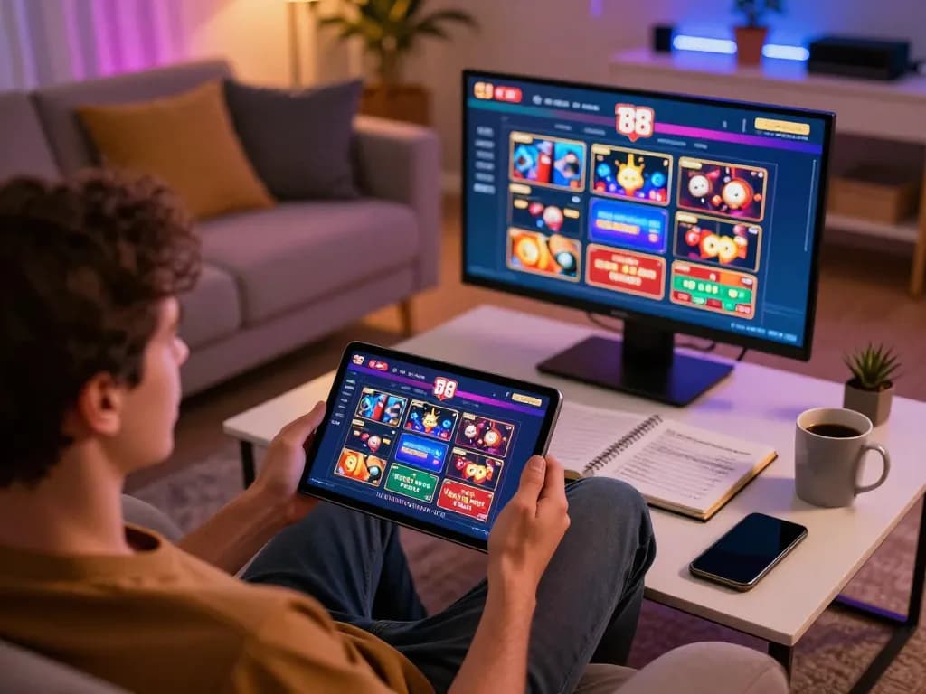 Player engaging with the tg 88 app on a tablet in a cozy home setting, showcasing online gambling