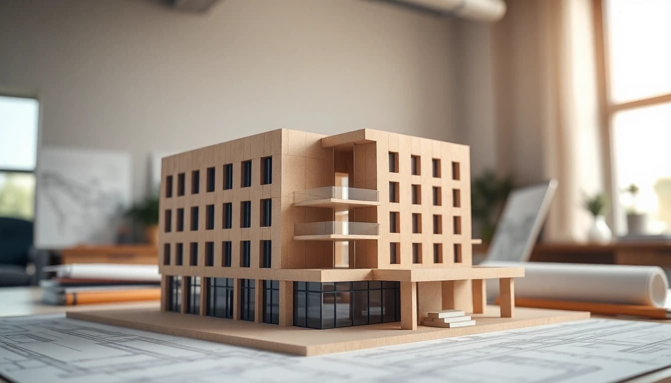 Architekturmodellbau Wuppertal zeigt ein detailliertes Modell eines modernen Gebäudes in einem kreativen Büro.