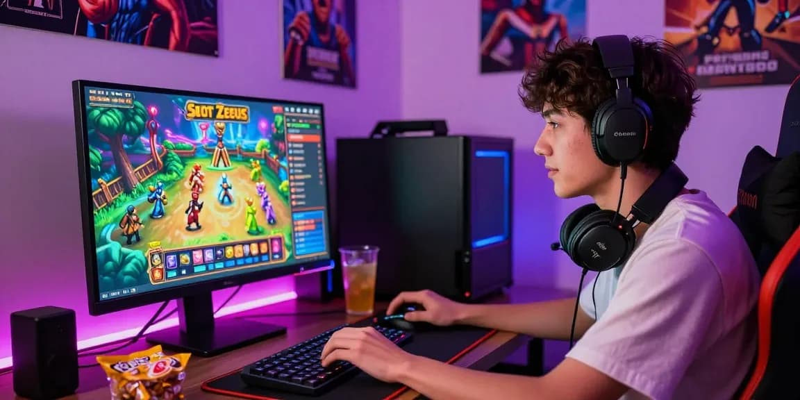 Engaged player enjoying Slot Zeus gaming experience with vivid graphics and ambient lighting.