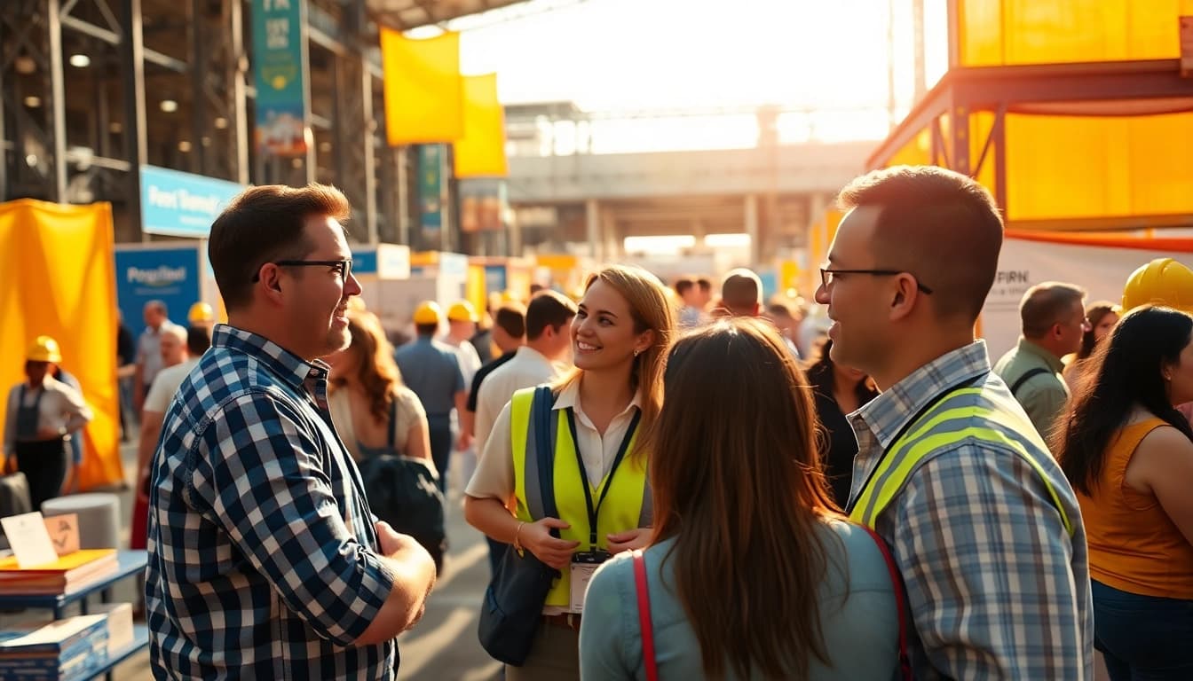 Participants networking at vibrant construction events, showcasing booths and engagement.