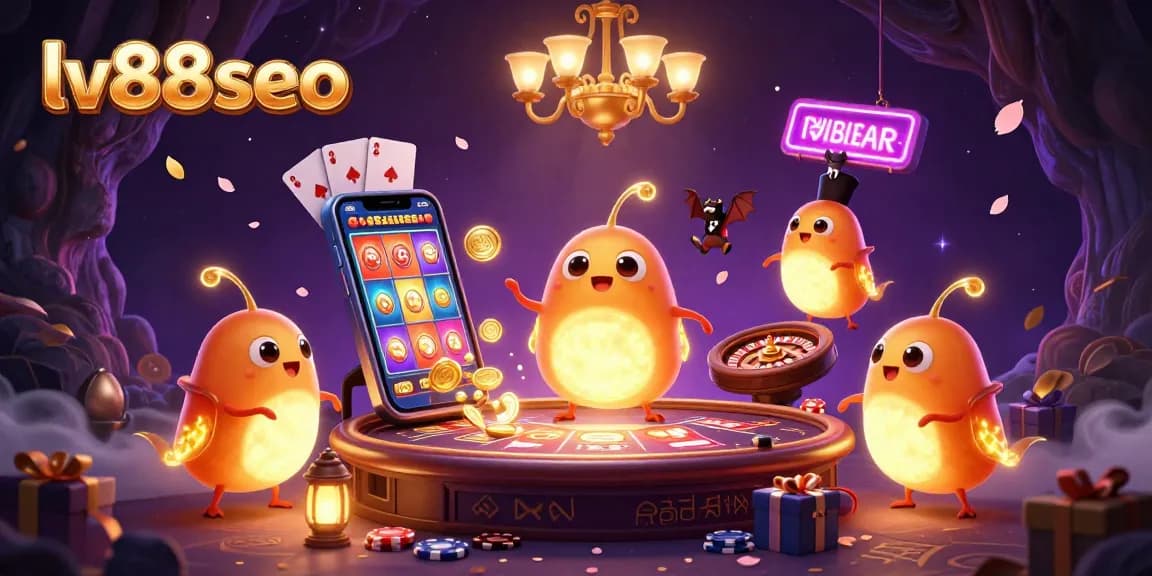 Engage with lv88seo's vibrant cave casino, illuminated by glowworms, featuring dynamic slot gameplay elements and a bat dealer.