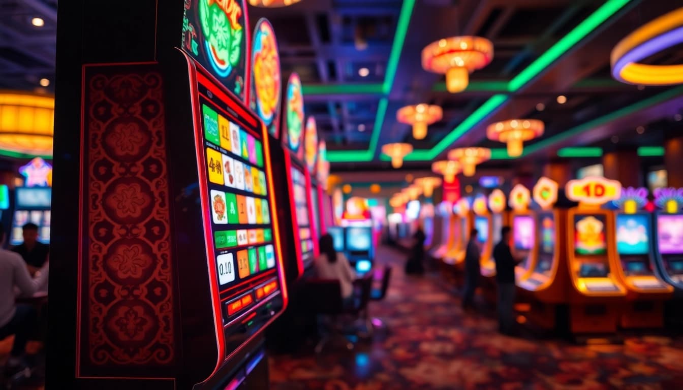 Mainkan mahjong slot di mesin slot yang penuh warna di kasino yang semarak.