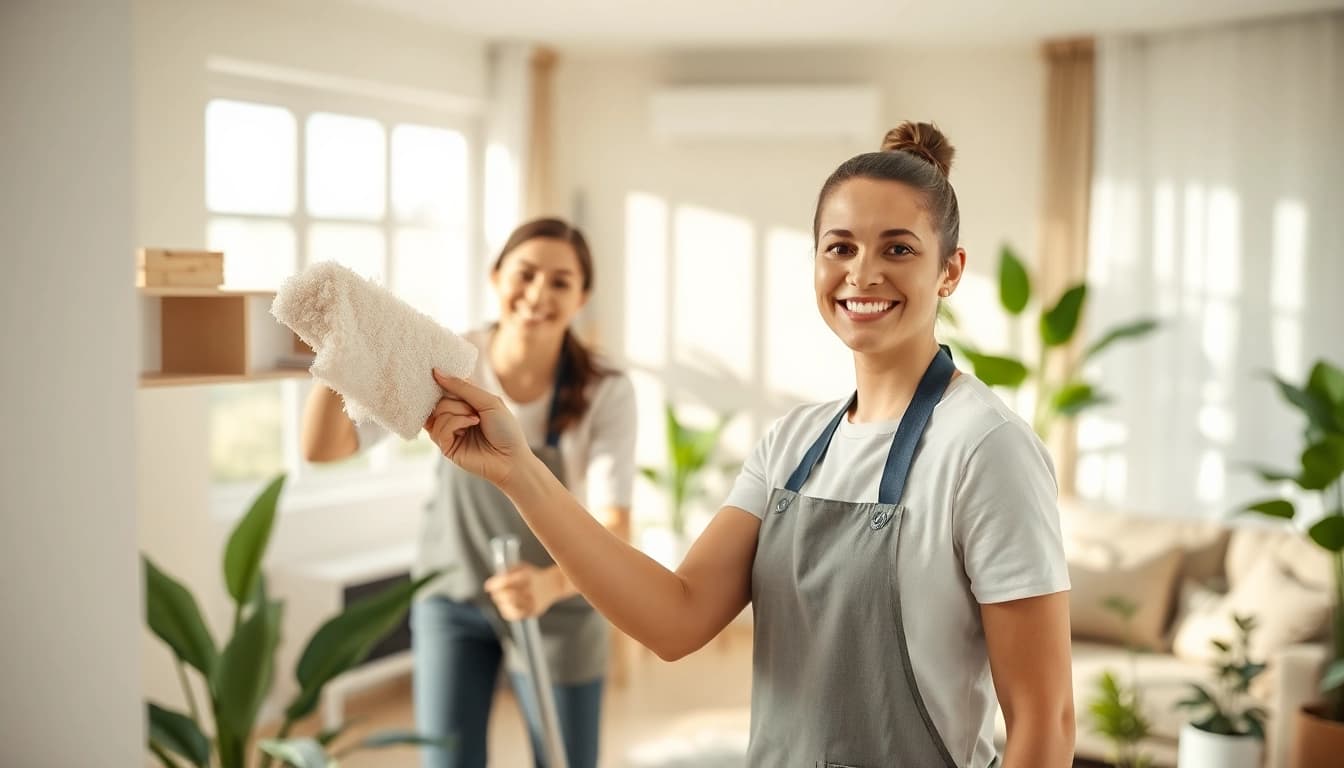 Cleaning Service team doing thorough cleaning in a cozy living room setting with bright natural light.