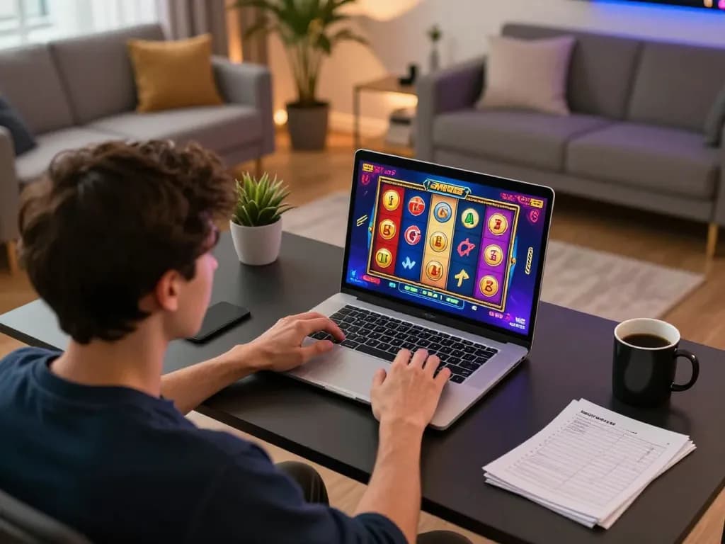 Player spinning the slot reels in an engaging online gaming setup at home